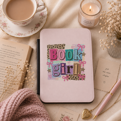 Close-up of pink Saffiano Book Girl Kindle case with sticker-collage letters and bows