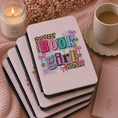 Book Girl Kindle case front cover in pink — sticker-collage cut-out letters with bows