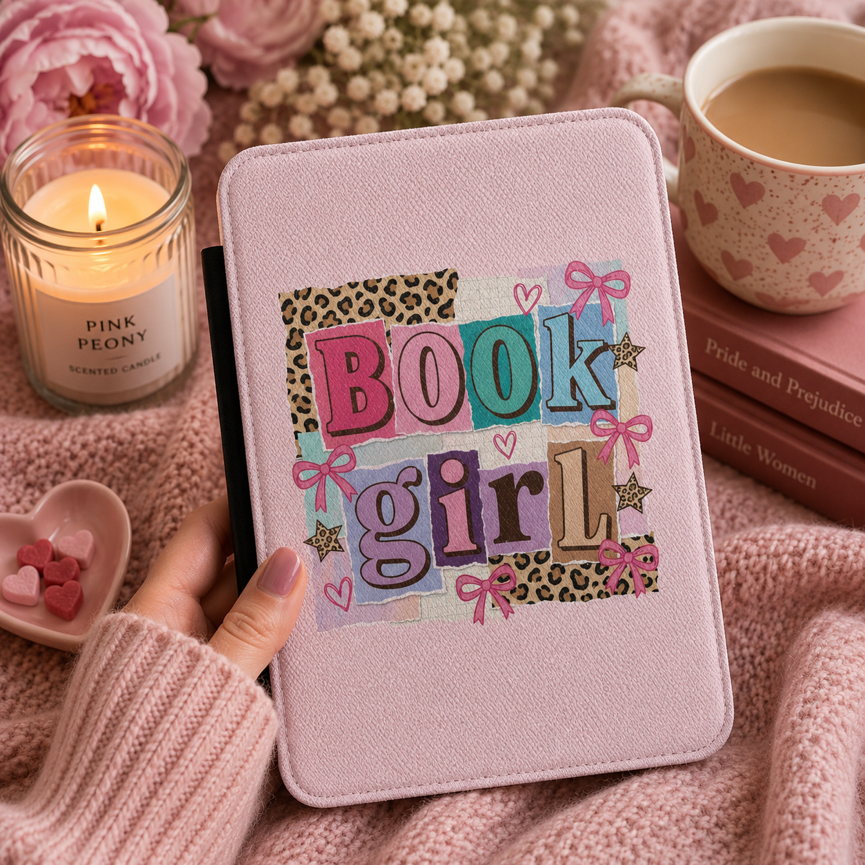 Book Girl pink Kindle case open showing e-ink Kindle on right interior panel