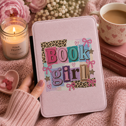 Book Girl pink Kindle case open showing e-ink Kindle on right interior panel