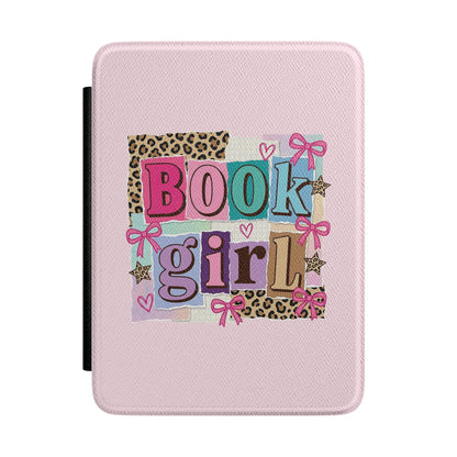 Book Girl Kindle case in pink — sticker-collage cut-out letters with bows and leopard print, Coquette Reader gift for her