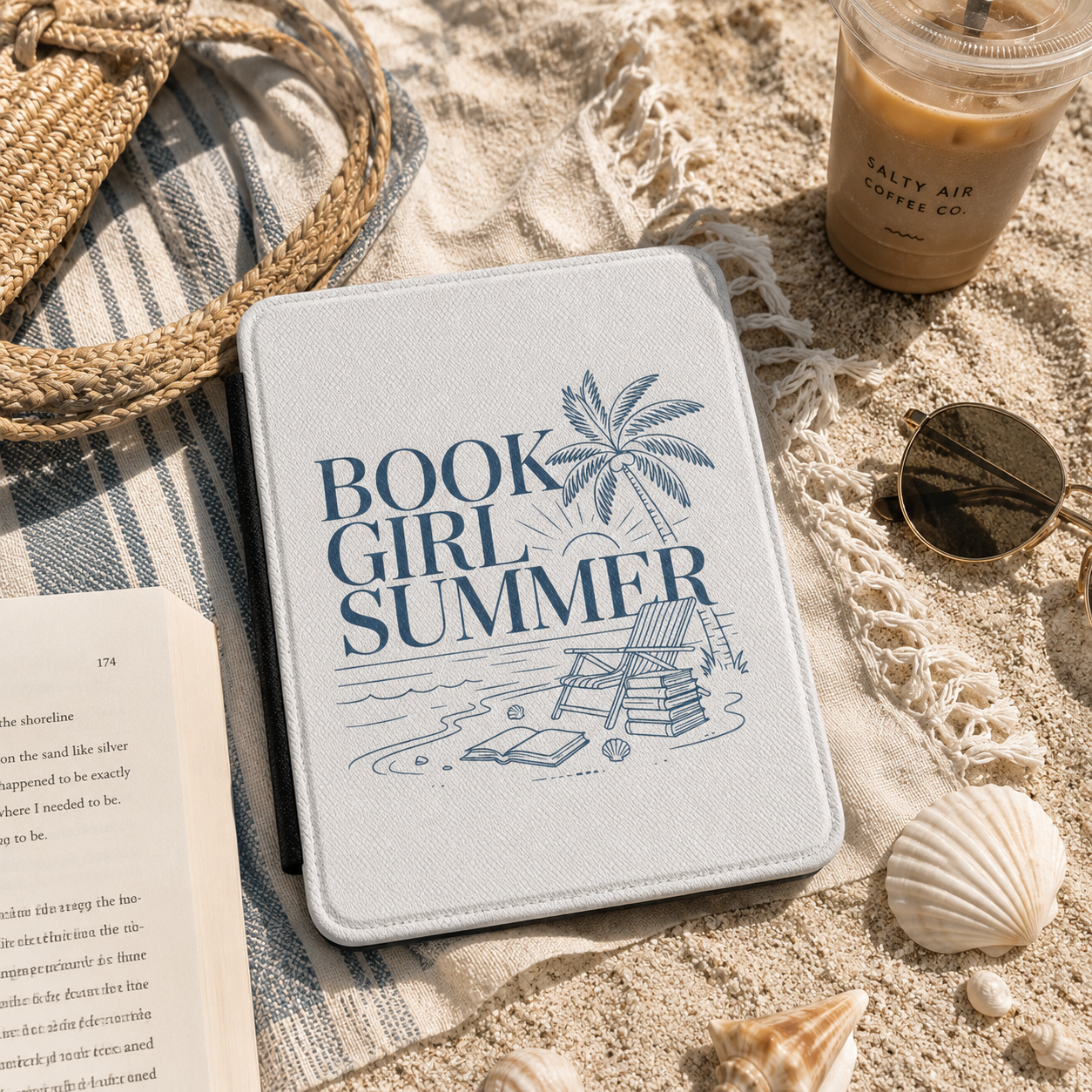 Book Girl Summer Beach Kindle case shown at an angle