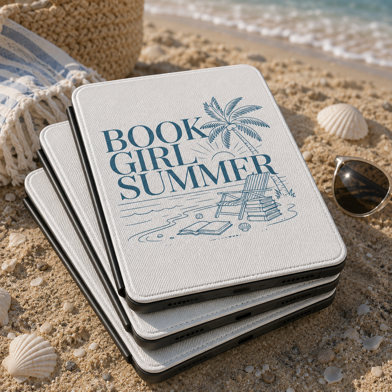 Book Girl Summer Beach Kindle case open showing e-ink Kindle on right interior panel