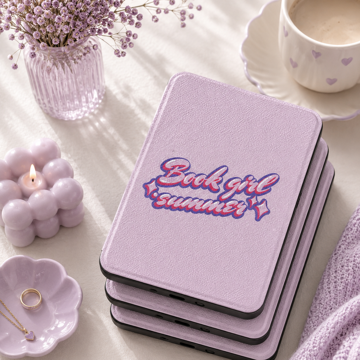 Book Girl Summer Kindle case open showing e-ink Kindle on right interior panel