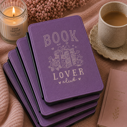 Book Lover Club lavender Kindle case shown at an angle