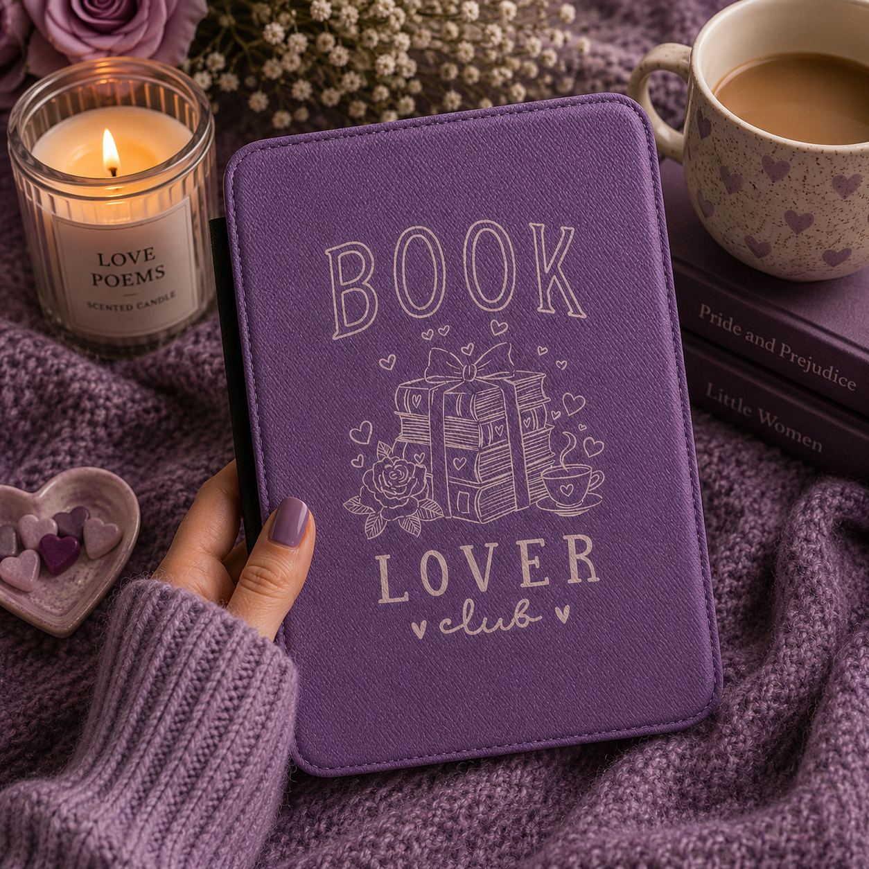 Close-up of lavender Saffiano Book Lover Club Kindle case with cream ribbon-tied books line art