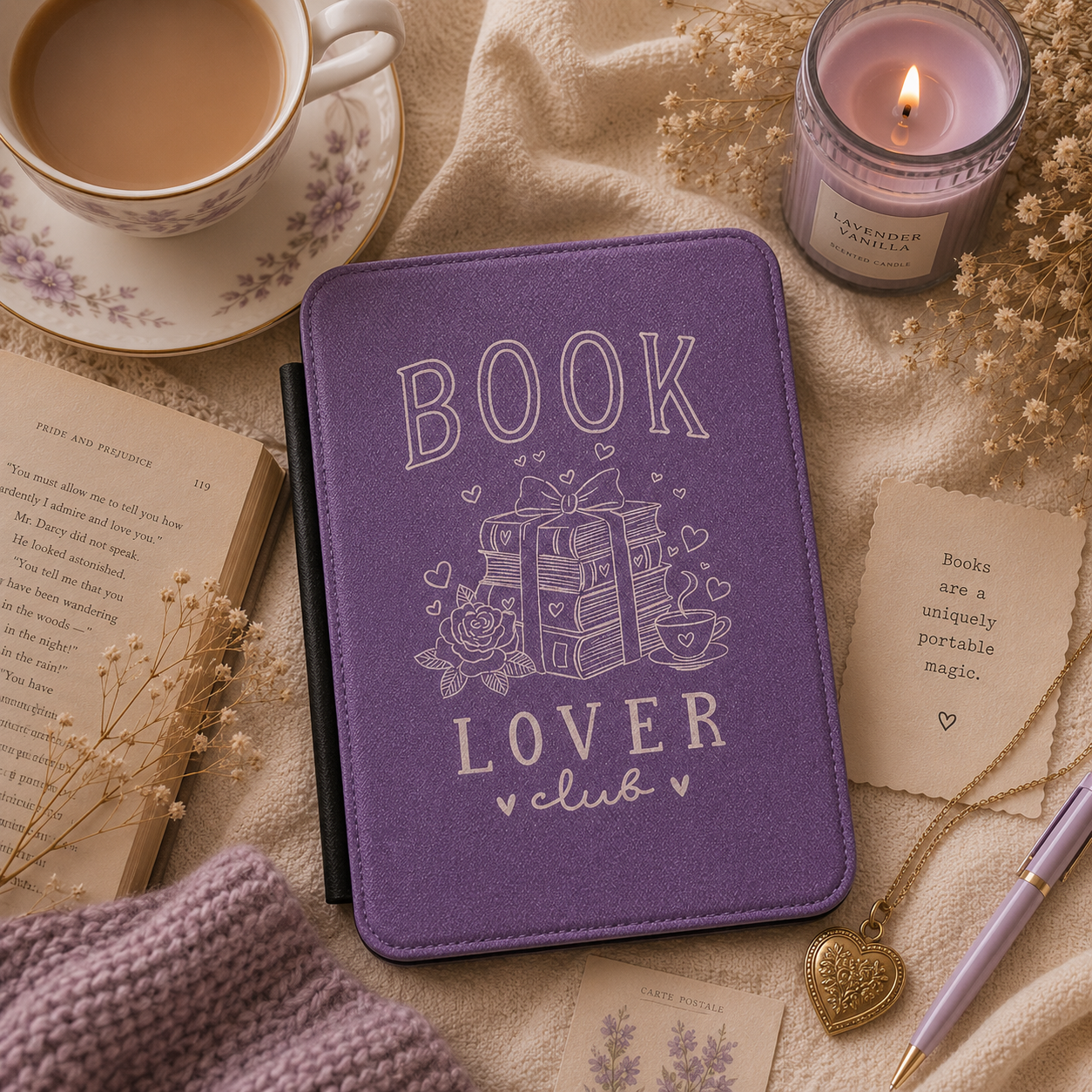 Book Lover Club Kindle case front cover in lavender — cream line-art ribbon-tied books