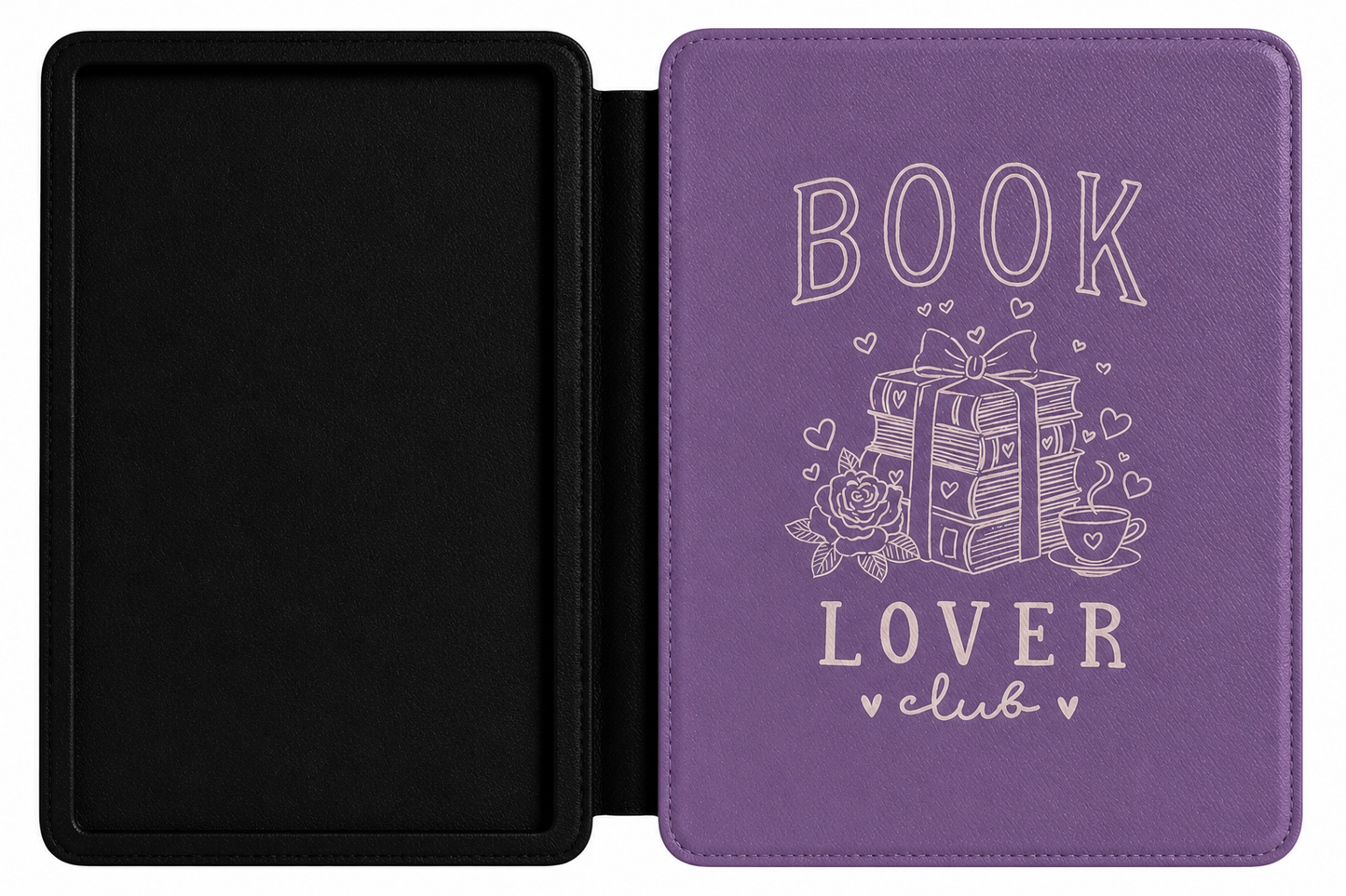 Book Lover Club lavender Kindle case open showing e-ink Kindle on right interior panel