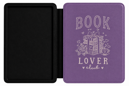 Book Lover Club lavender Kindle case open showing e-ink Kindle on right interior panel