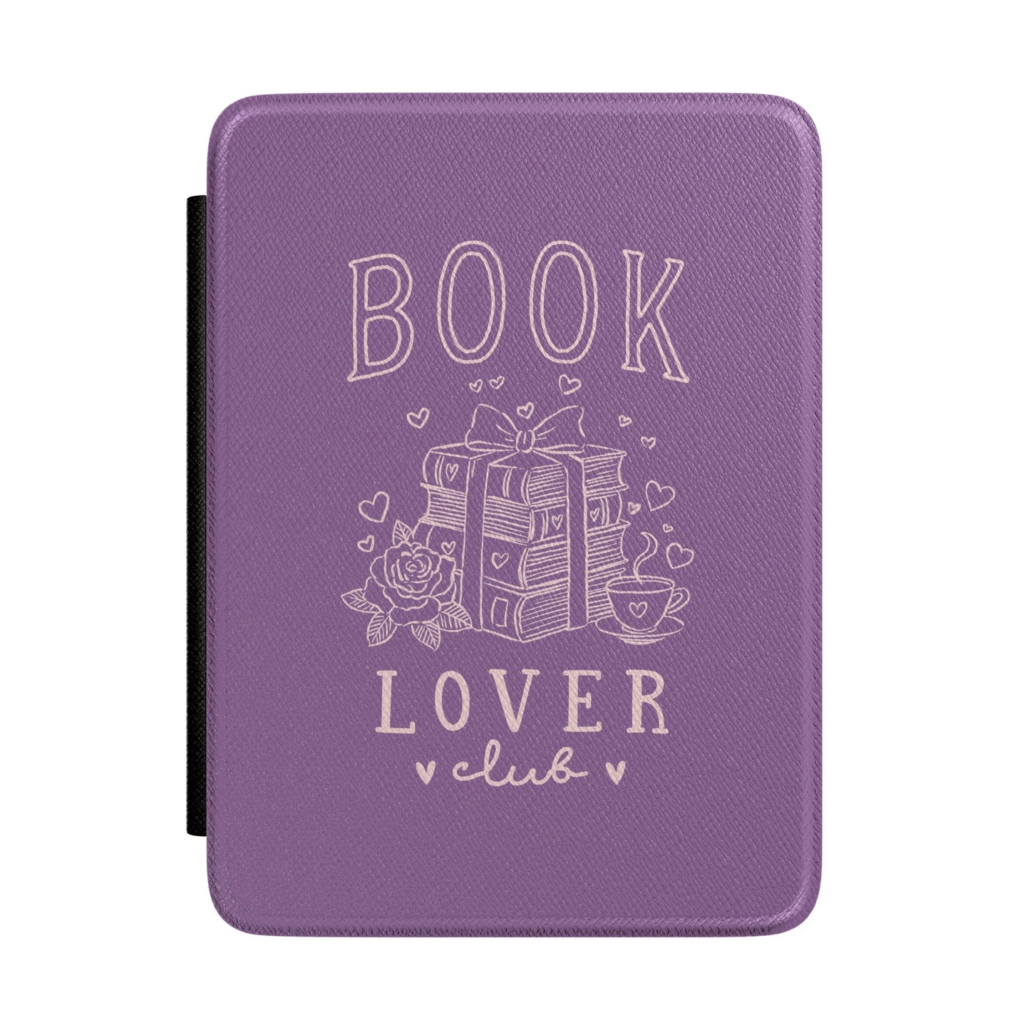 Book Lover Club Kindle case in lavender — cream line-art ribbon-tied books with rose and teacup, Coquette Reader gift for her