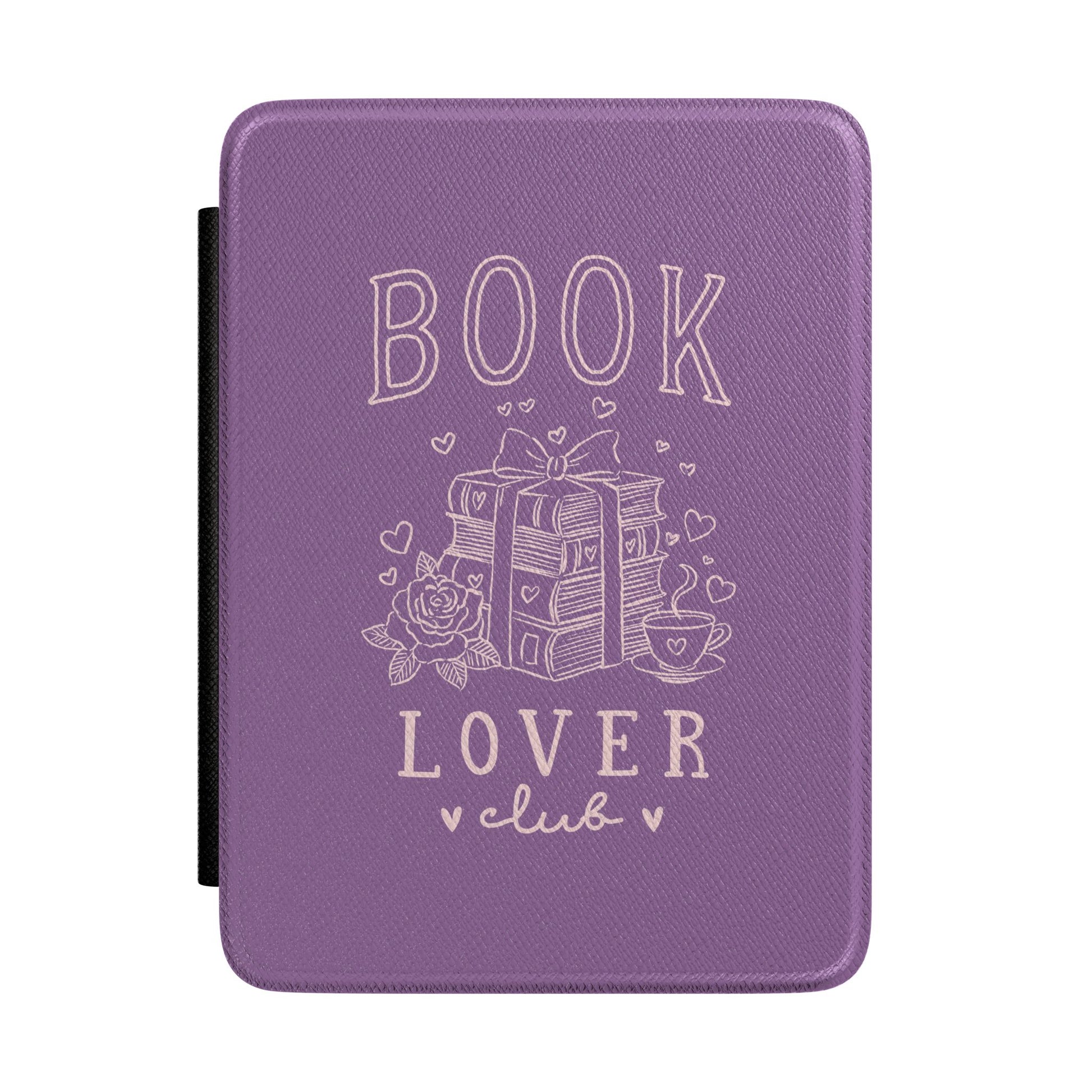 Book Lover Club Kindle case in lavender — cream line-art ribbon-tied books with rose and teacup, Coquette Reader gift for her