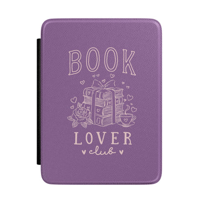 Book Lover Club Kindle case in lavender — cream line-art ribbon-tied books with rose and teacup, Coquette Reader gift for her