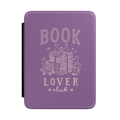 Book Lover Club Kindle case in lavender — cream line-art ribbon-tied books with rose and teacup, Coquette Reader gift for her
