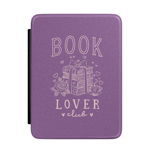Book Lover Club Kindle case in lavender — cream line-art ribbon-tied books with rose and teacup, Coquette Reader gift for her