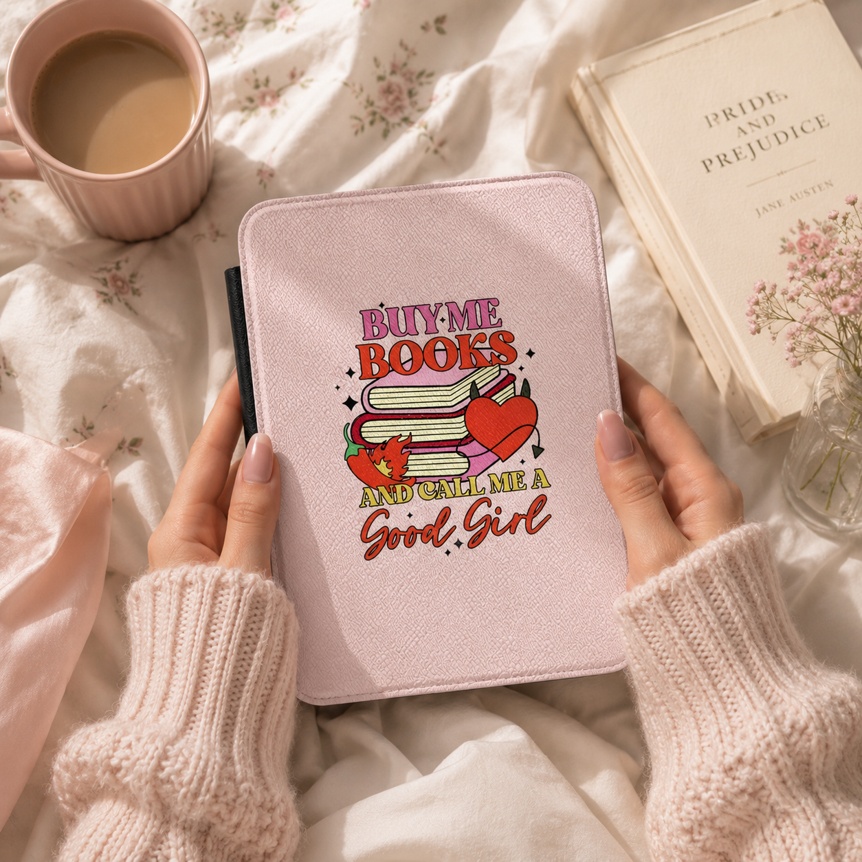 Book stack sticker collage Kindle case front cover close-up — Coquette Reader BookTok print