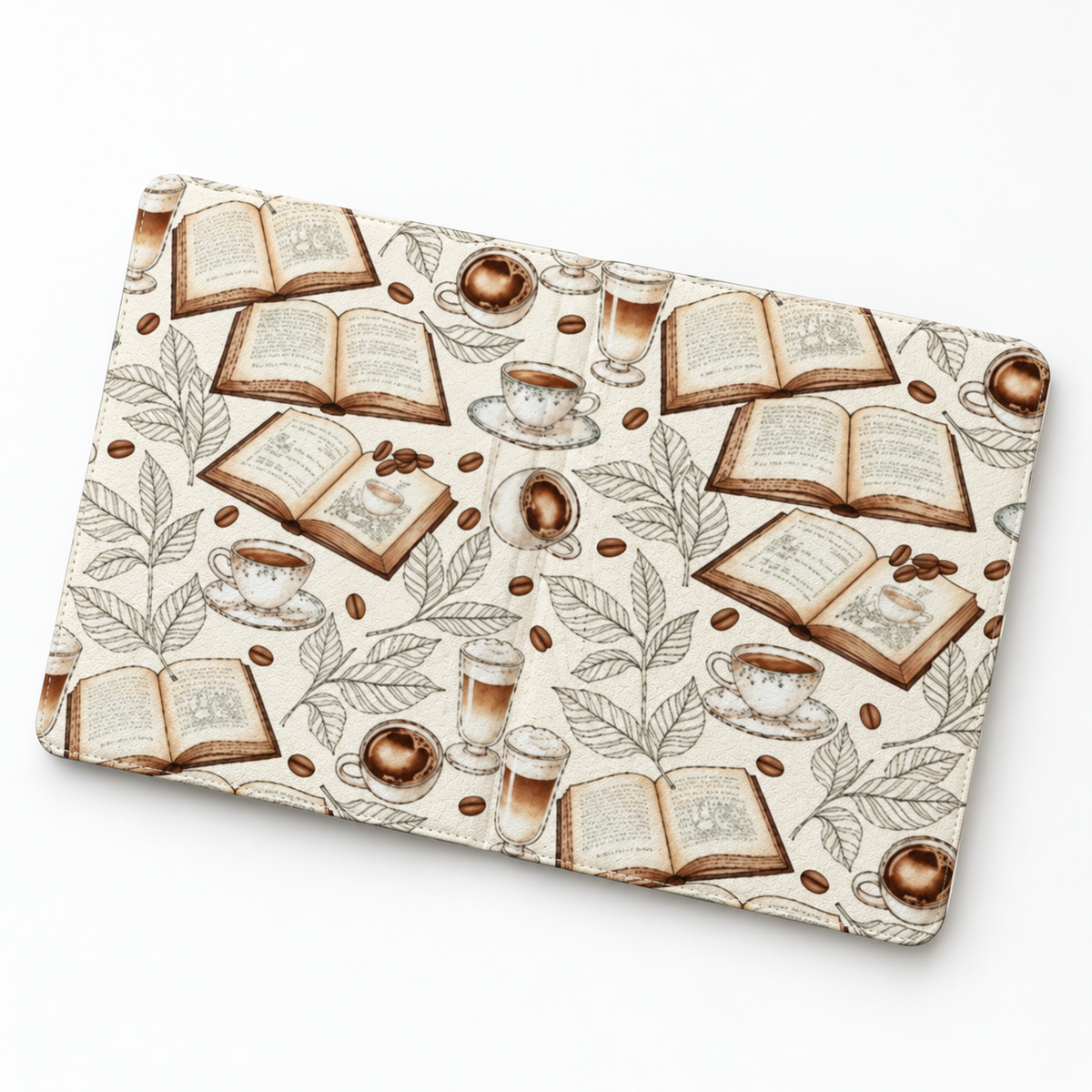 Books and Coffee Kindle case opened flat, front and back — open books, coffee cups and coffee beans on cream