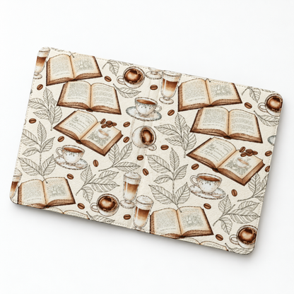 Books and Coffee Kindle case opened flat, front and back — open books, coffee cups and coffee beans on cream