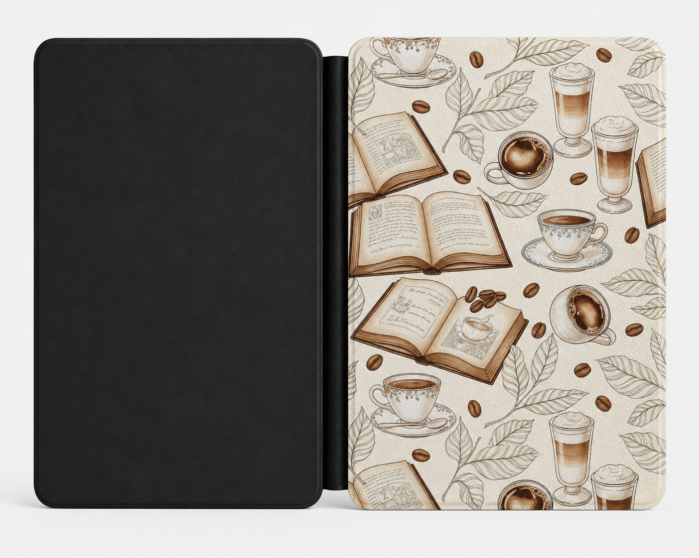 Books and Coffee Kindle case front cover — books and coffee print