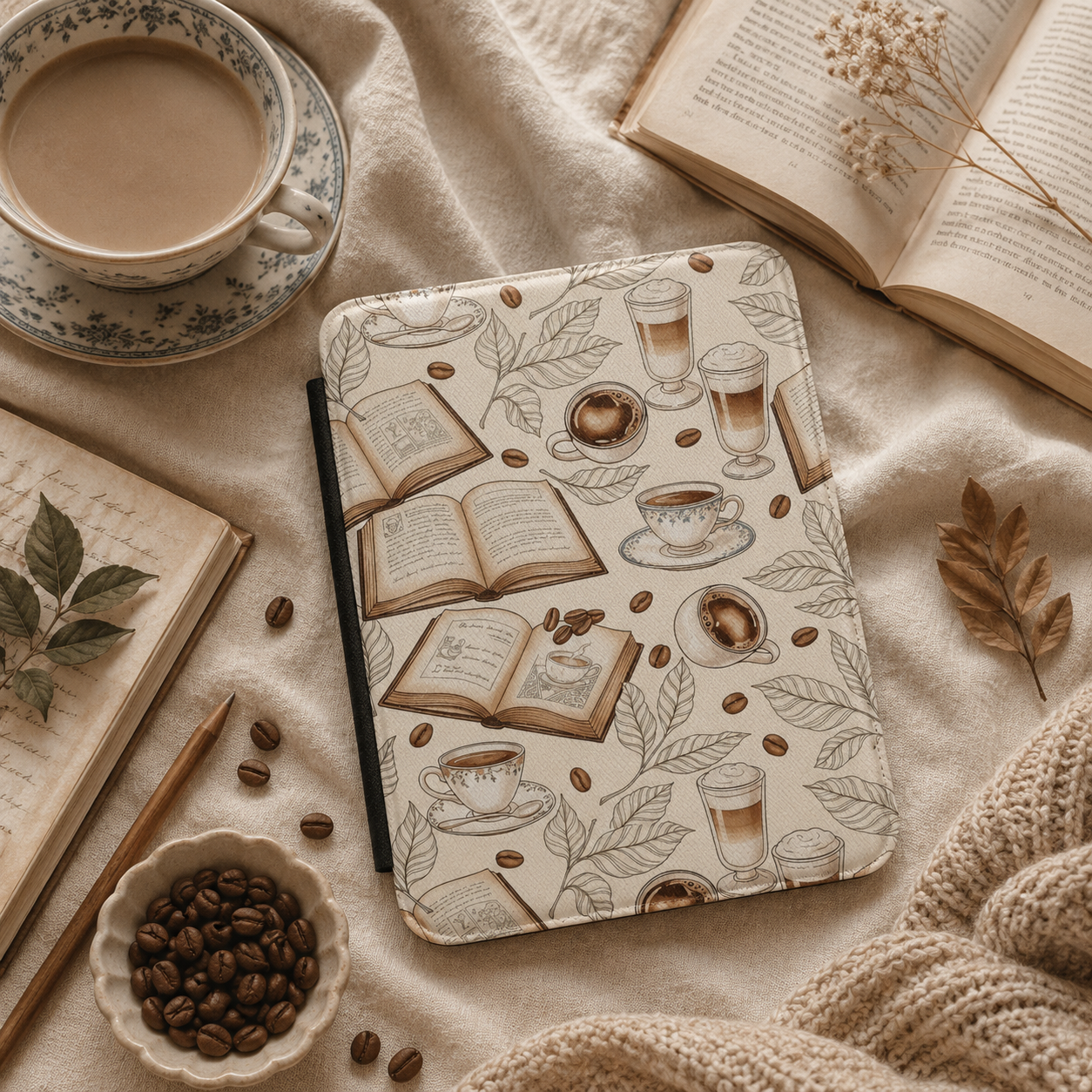 Books and Coffee Kindle case open showing e-ink Kindle on right interior panel