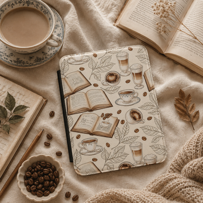 Books and Coffee Kindle case open showing e-ink Kindle on right interior panel
