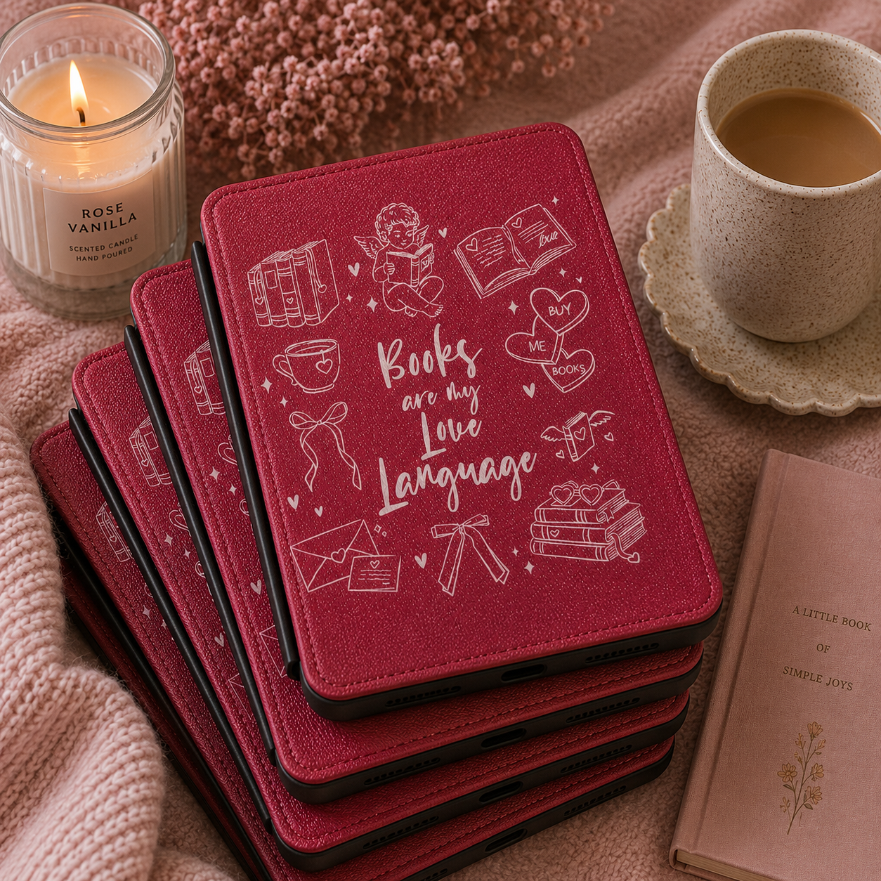 Books Are My Love Language burgundy Kindle case shown at an angle