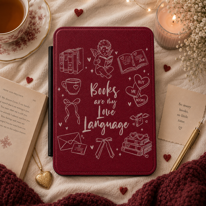 Close-up of burgundy Saffiano Books Are My Love Language Kindle case with white book-lover line art