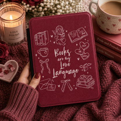 Books Are My Love Language Kindle case front cover in burgundy — white line-art book-lover collage