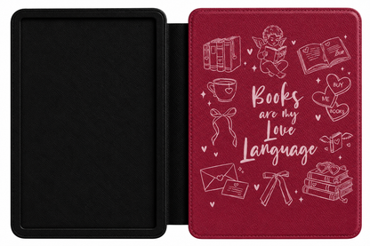 Books Are My Love Language burgundy Kindle case open showing e-ink Kindle on right interior panel