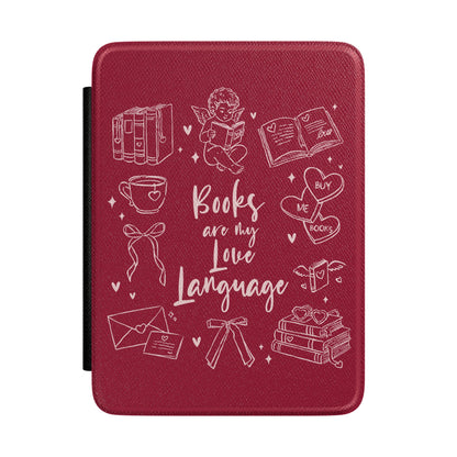 Books Are My Love Language Kindle case in burgundy — white line-art book-lover collage, Smut Era gift for her