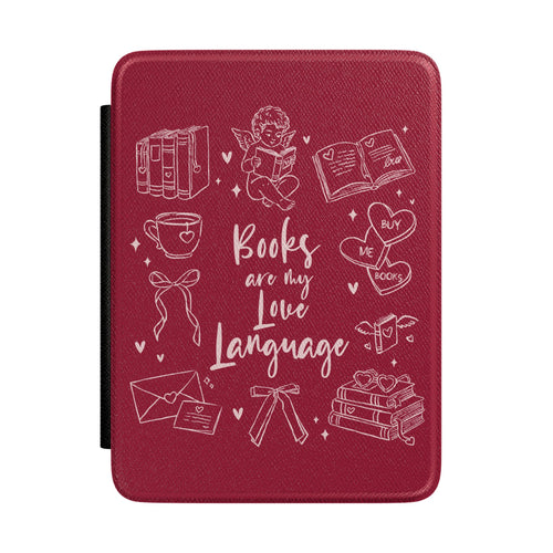 Books Are My Love Language Kindle case in burgundy — white line-art book-lover collage, Smut Era gift for her