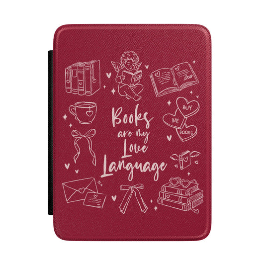 Books Are My Love Language Kindle case in burgundy — white line-art book-lover collage, Smut Era gift for her