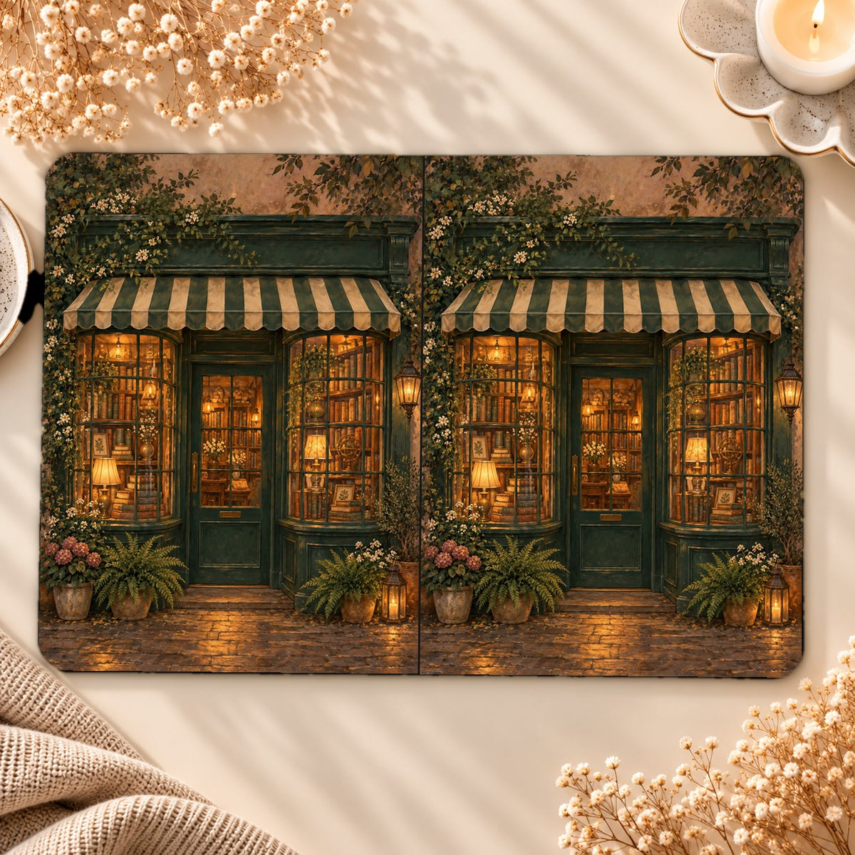 Bookshop at Dusk Kindle case opened flat, front and back — storybook bookshop at dusk with glowing windows