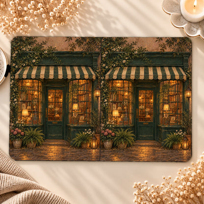 Bookshop at Dusk Kindle case opened flat, front and back — storybook bookshop at dusk with glowing windows