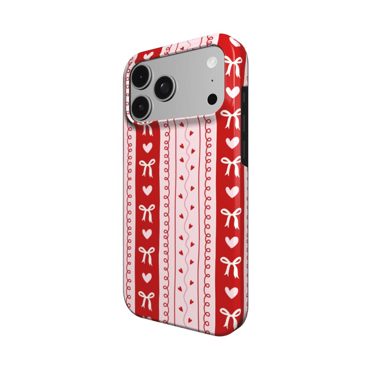 Bows & Hearts Stripe phone case – MagSafe iPhone case, detail view