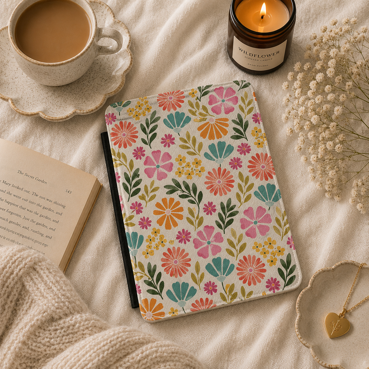 Bright Folk Floral Kindle case shown at an angle