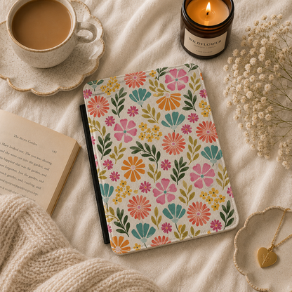 Bright Folk Floral Kindle case shown at an angle