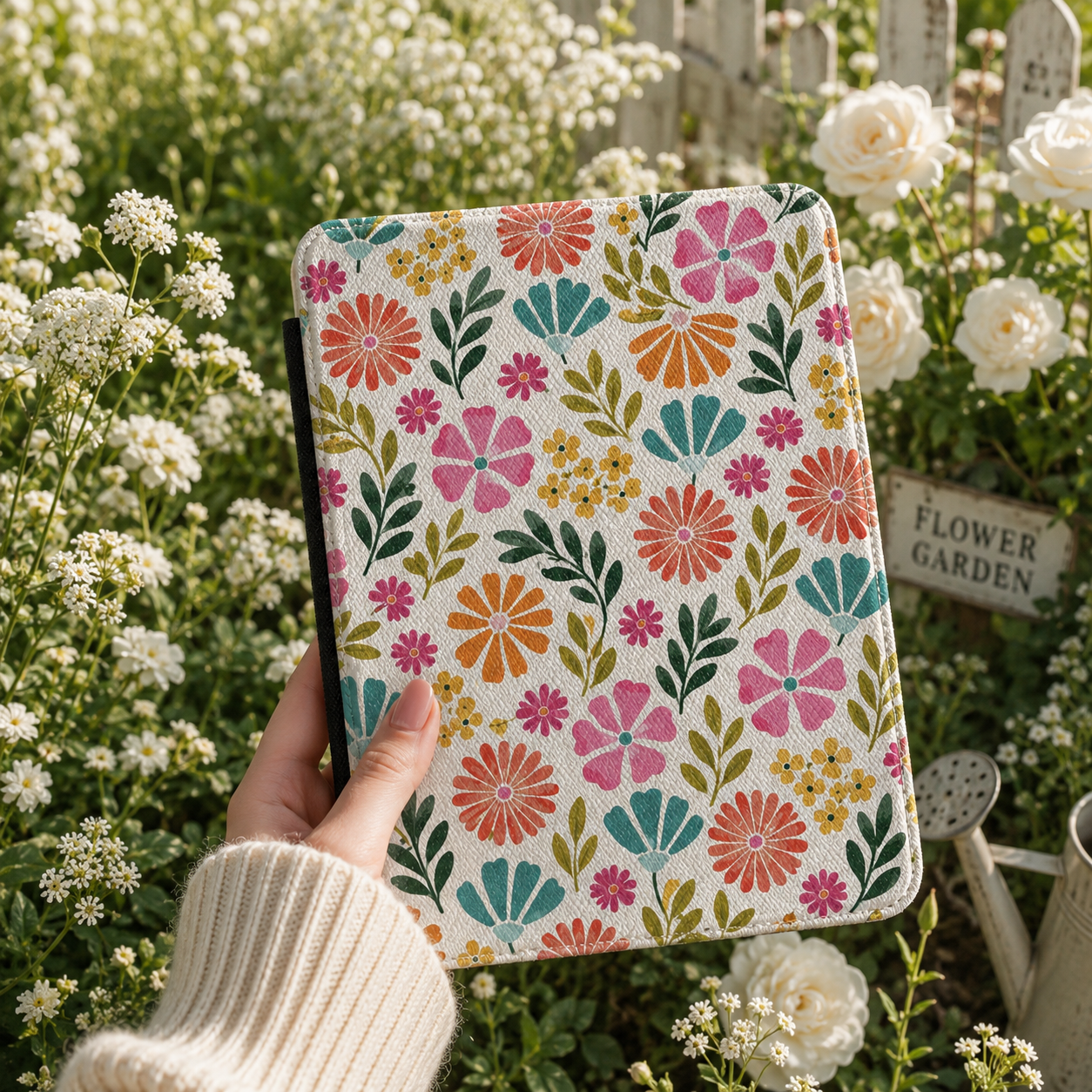 Close-up of Bright Folk Floral Saffiano Kindle case