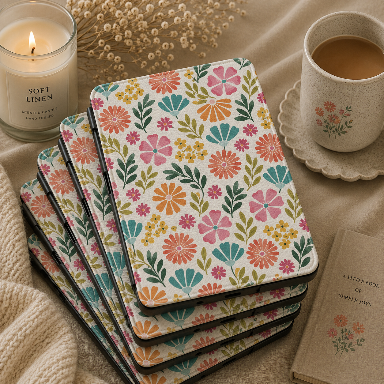 Bright Folk Floral Kindle case open showing e-ink Kindle on right interior panel