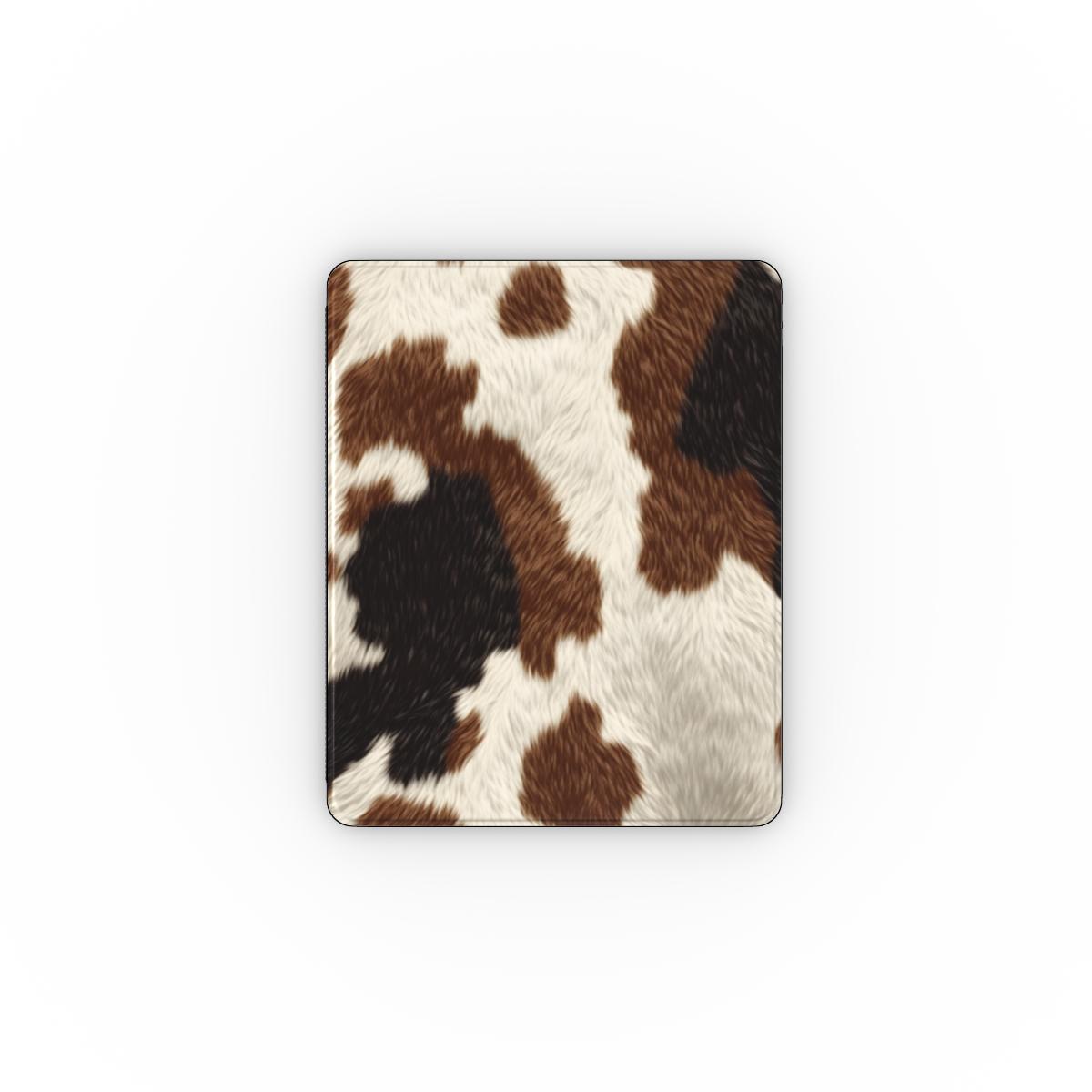 Brown cowhide iPad case open, showing the stand fold and interior