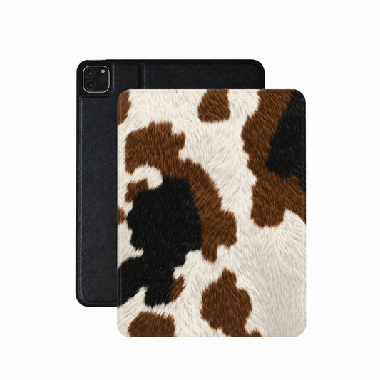 Brown cowhide iPad case in warm brown and cream cow print