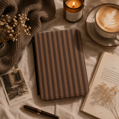 Brown Stripe Kindle case shown at an angle