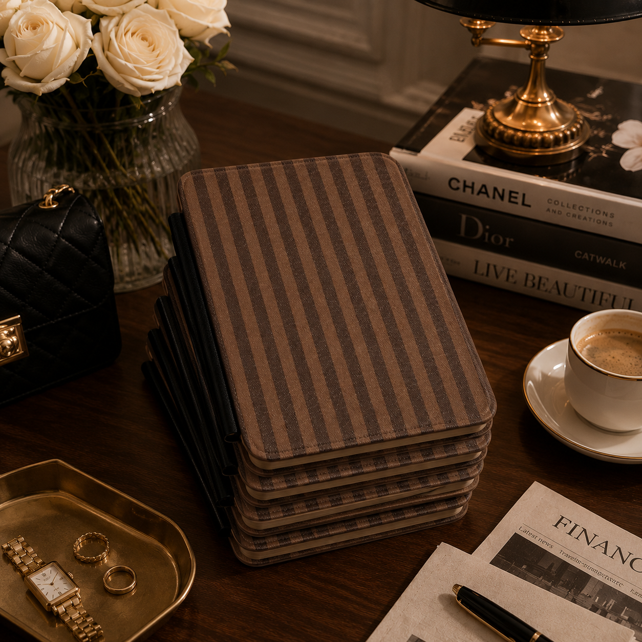 Close-up of Brown Stripe Saffiano Kindle case
