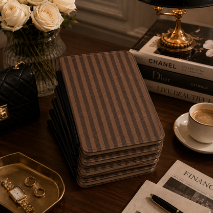 Close-up of Brown Stripe Saffiano Kindle case