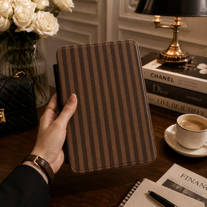 Brown Stripe Kindle case open showing e-ink Kindle on right interior panel