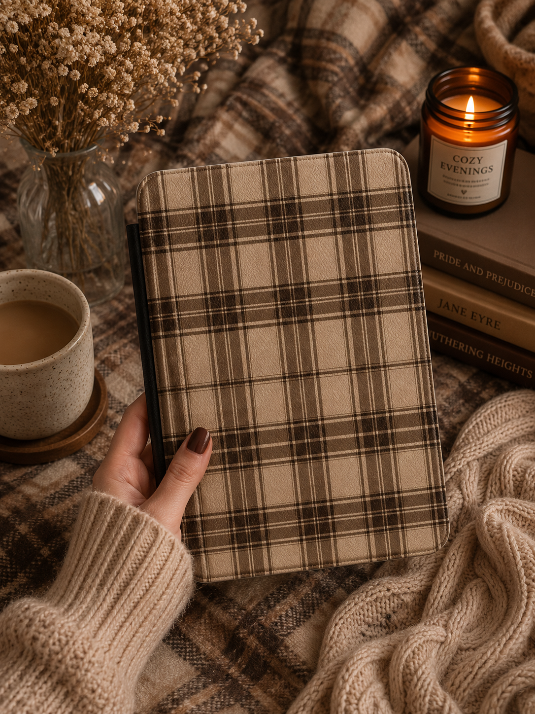Brown Tartan Kindle case shown at an angle