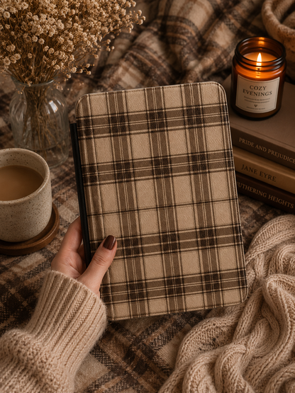 Brown Tartan Kindle case shown at an angle