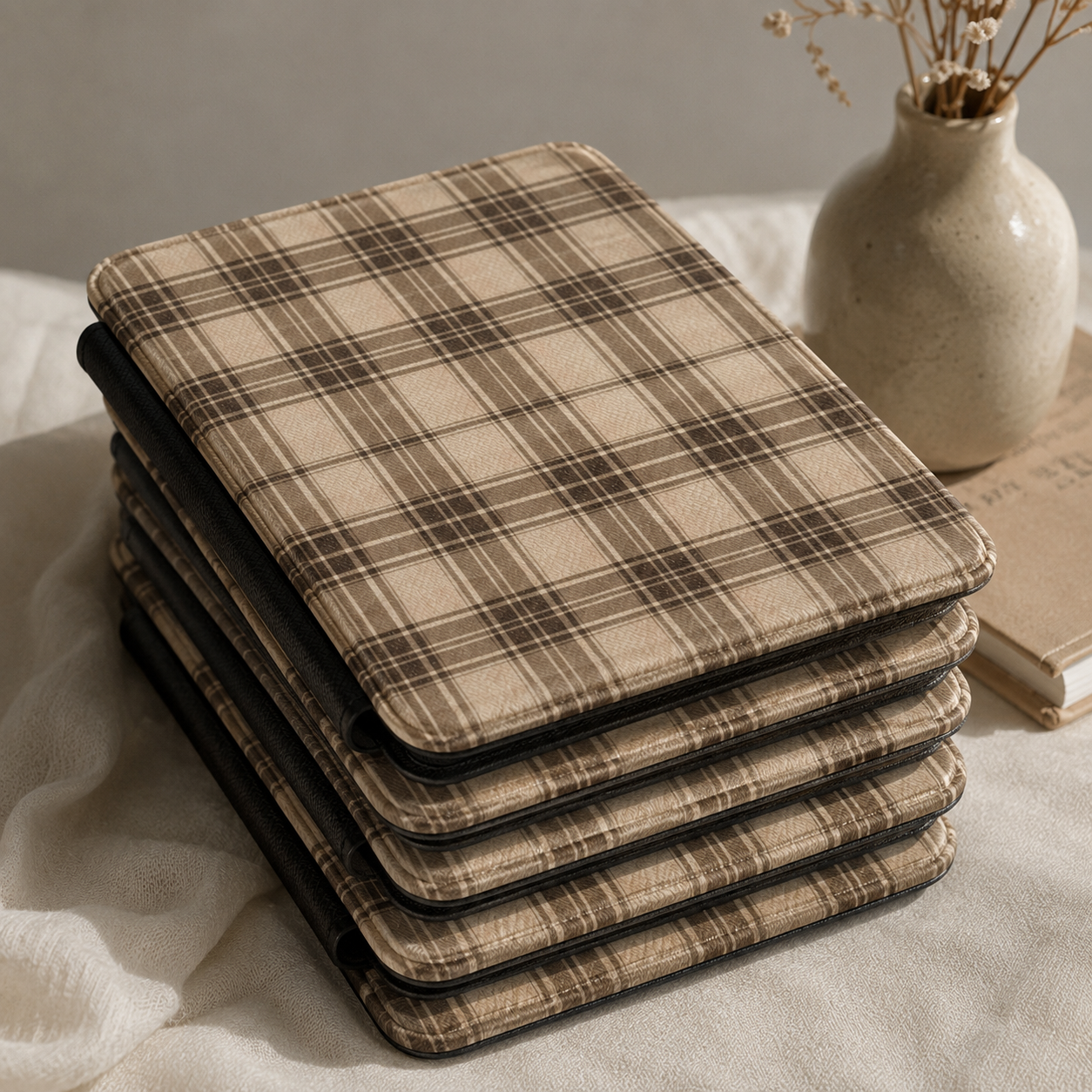 Close-up of Brown Tartan Saffiano Kindle case