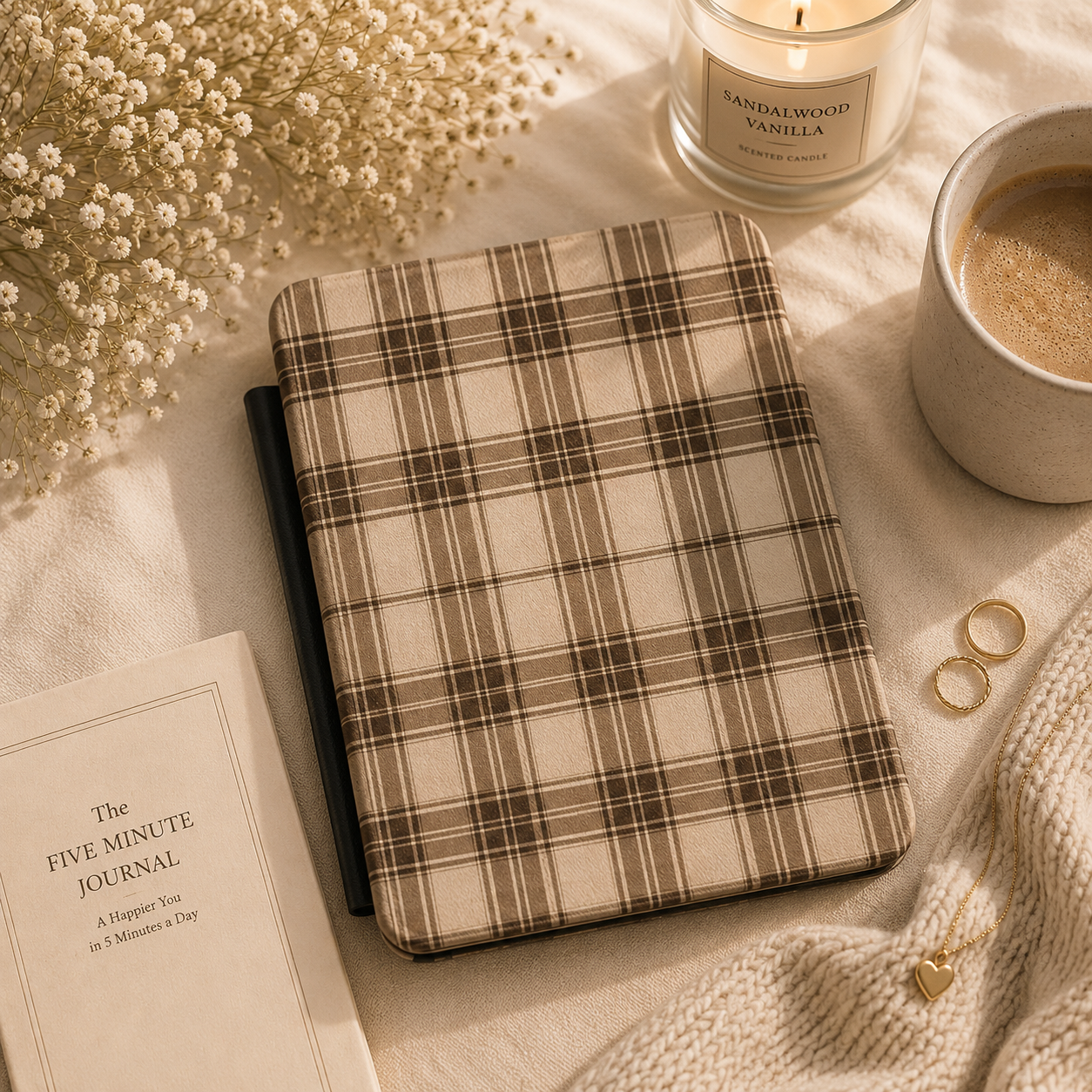 Brown Tartan Kindle case open showing e-ink Kindle on right interior panel