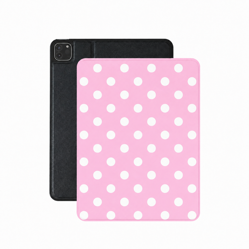 Bubblegum polka dot iPad case in pink vegan Saffiano leather — white spots on soft pink