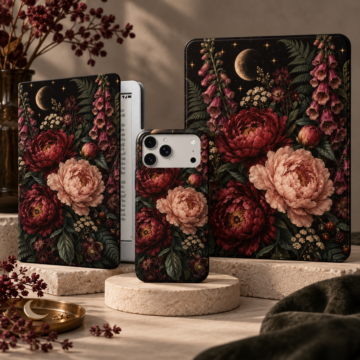 Matching dark floral Kindle case, phone case and iPad case with peonies, foxgloves and a crescent moon